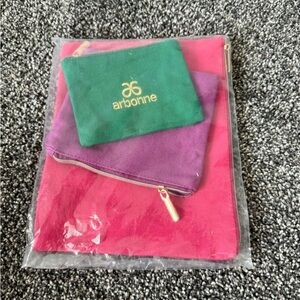 Arbonne Set of 3 Sizes Canvas Bags Pink Purple Green Zip Closure NEW